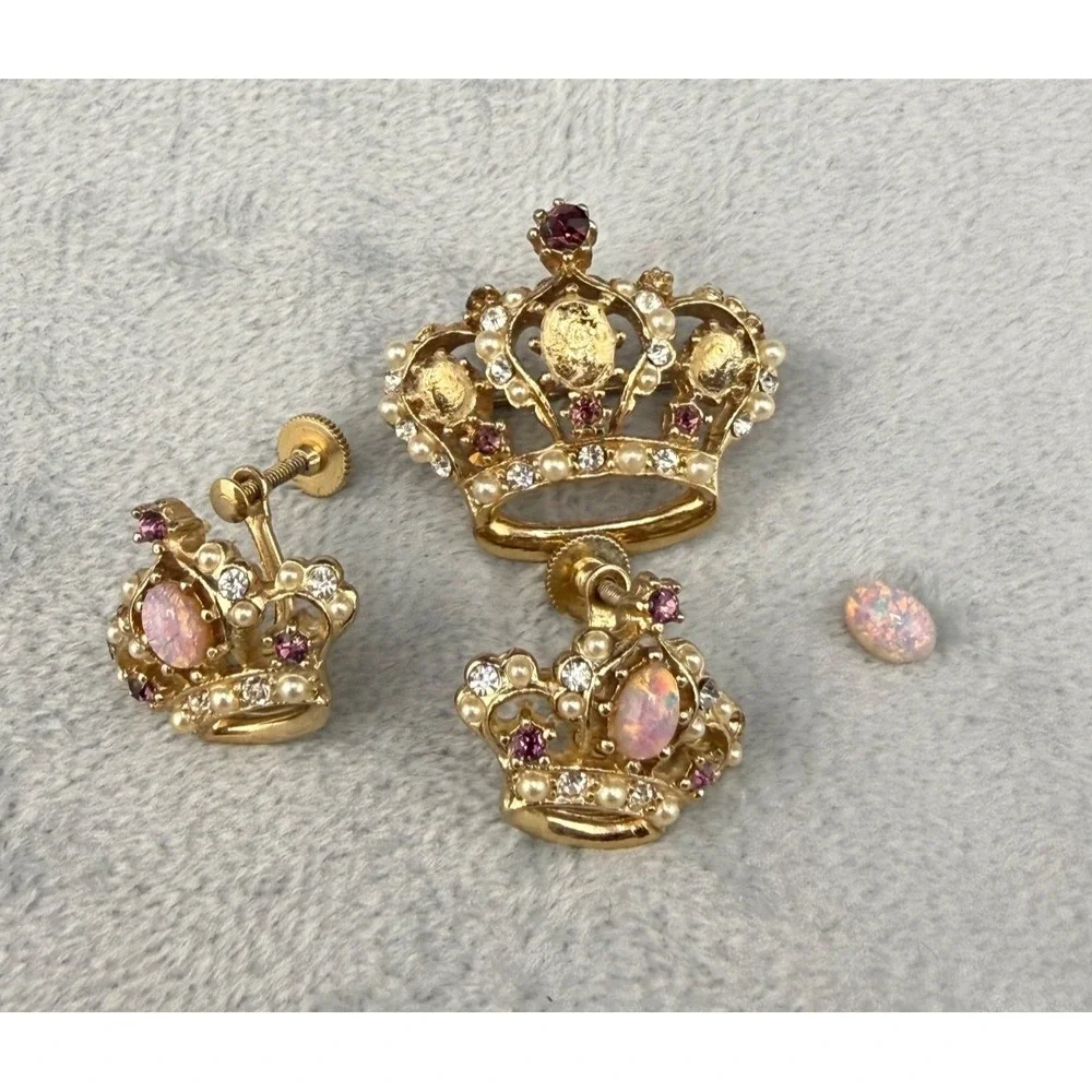Vintage Crown Brooch Screw Back Earrings Set Rhinestone Pink‎
